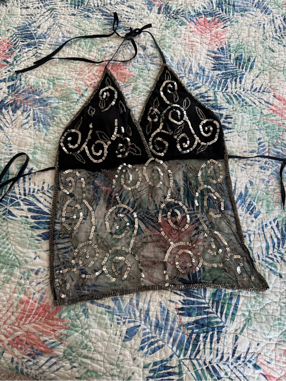 Y2K Black Sheer Mesh Silver Sequin Beaded Halter Top